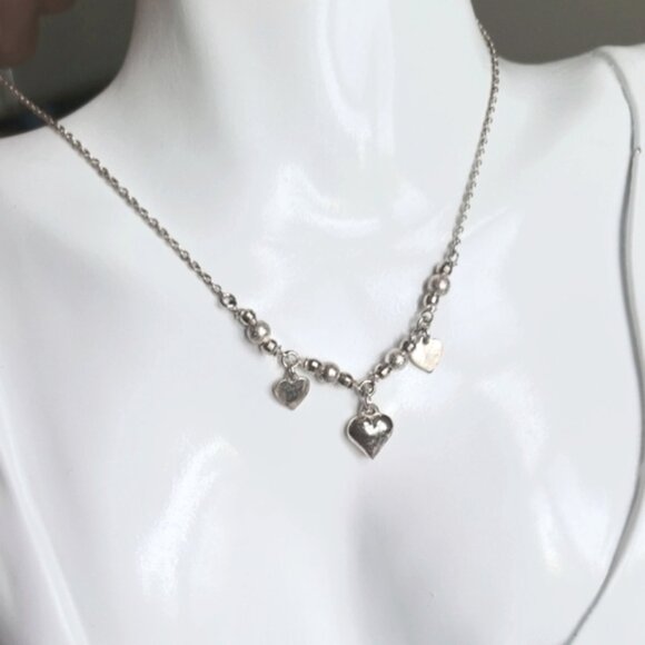 Vintage Sterling Silver Soft Girl Dainty Layered Dangle Heart Love Necklace - Picture 1 of 9